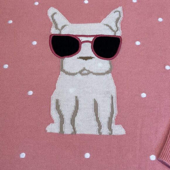 Talbots Frenchie Bulldog Sweater Size Petite L Pink Embroidered Sunglasses Cute - Picture 2 of 8